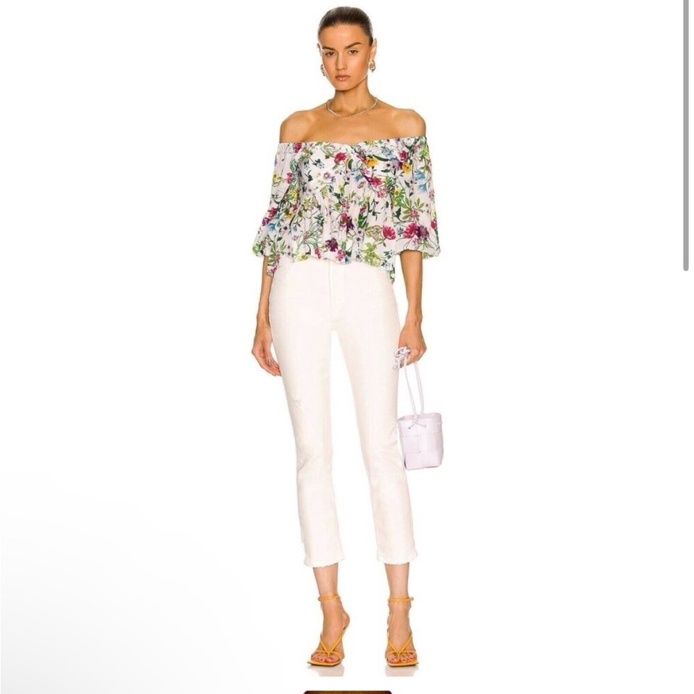 NWT L’AGENCE Dnu Elena Off-Shoulder Silk Blouse XS Floral Butterfly🦋 white multi